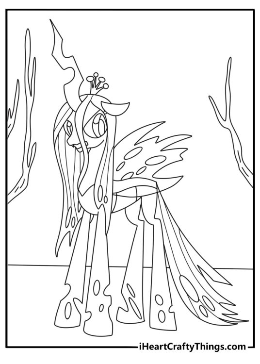 Detailed printable coloring sheet of Queen Chrysalis with insect wings and a crooked horn