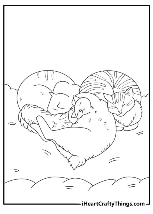Detailed printable coloring sheet of three cats curled up in a cloud shaped bed with a teddy bear