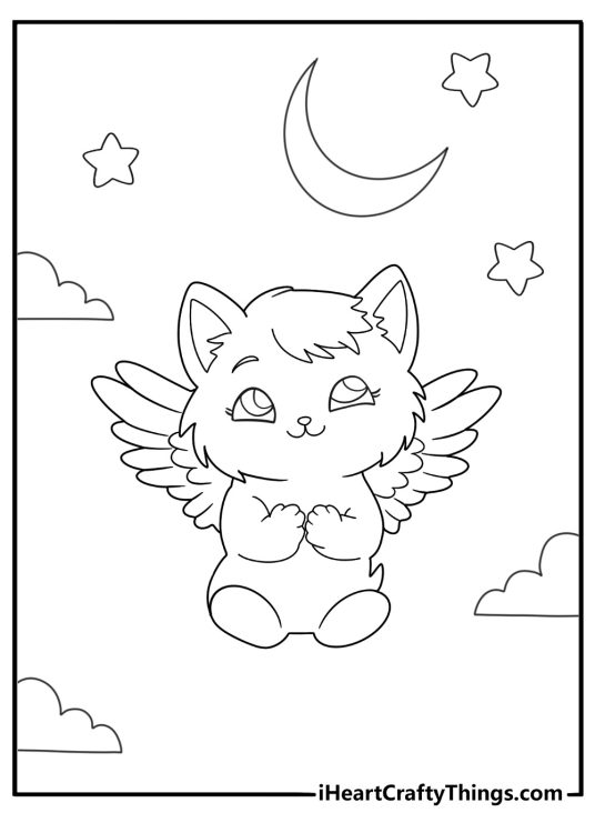 Detailed printable picture featuring a cat with wings floating amongst the clouds and stars