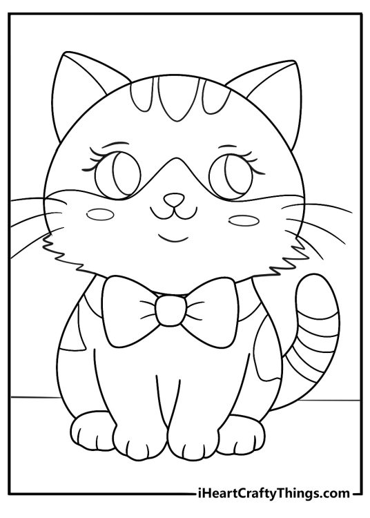 Detailed printable picture to color presenting cute female cat wearing a beautiful bow around its neck