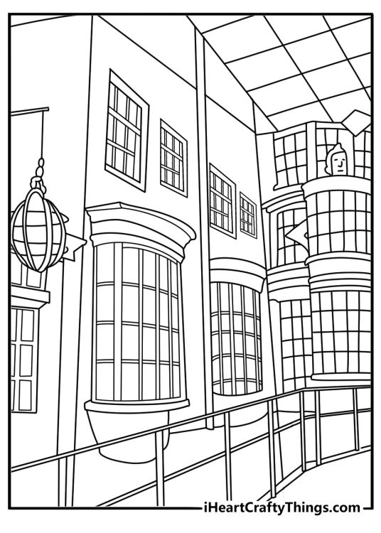 Diagon Alley shop fronts with cauldrons owls and brooms market street printable coloring page