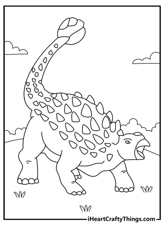 Dinosaur coloring page for kids with a ankylosaurus swinging its club tail
