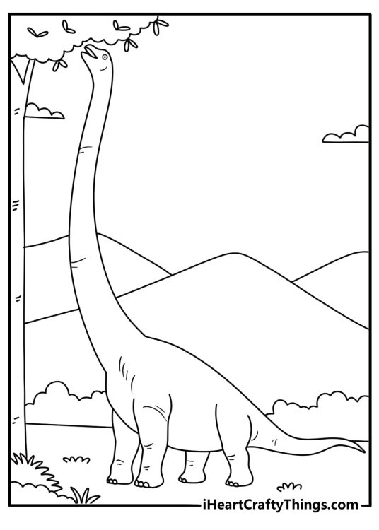 Dinosaur coloring page with a brachiosaurus eating leaves from a tall tree