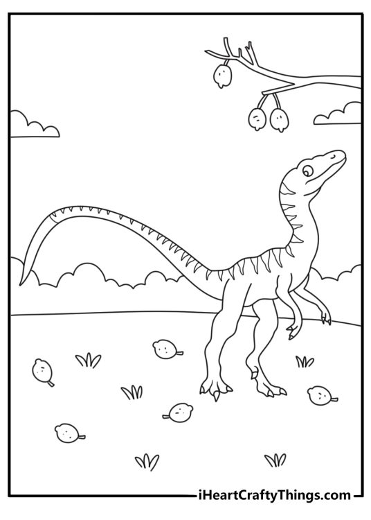 Dinosaur coloring page with a compsognathus beside fallen fruit