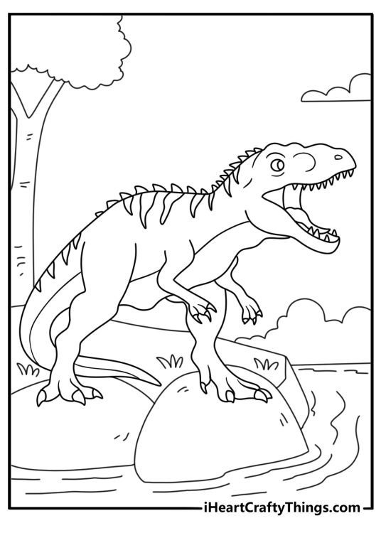 Dinosaur coloring page with a giganotosaurus near river stones