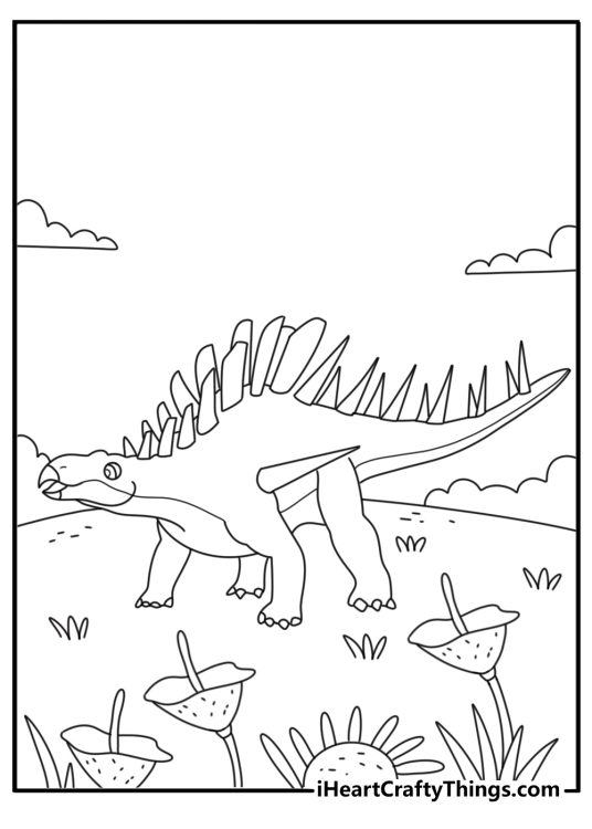 Dinosaur coloring page with a kentrosaurus beside prehistoric flowers