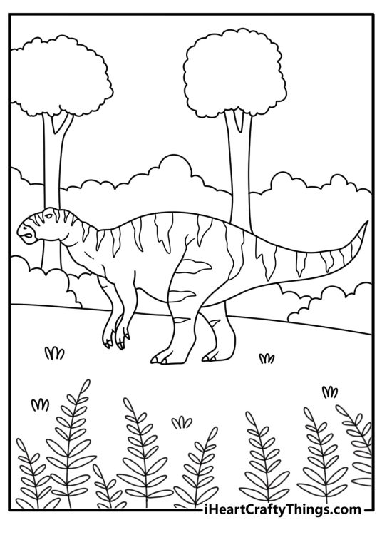 Dinosaur coloring page with an iguanodon walking through a fern forest