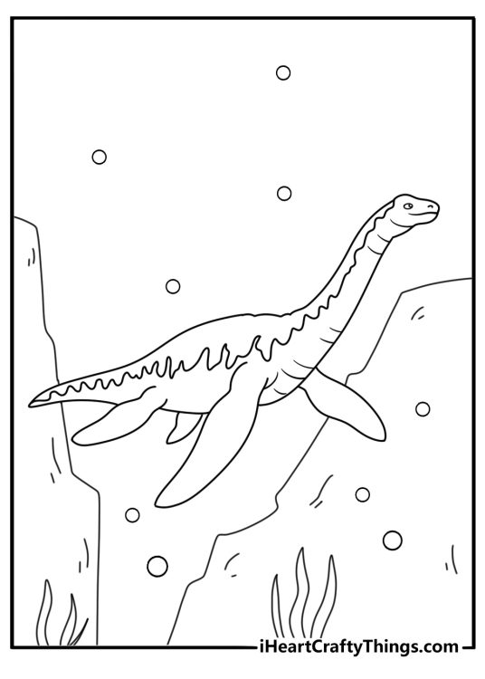 Dinosaur coloring pages for kids with a plesiosaur swimming past sea rocks