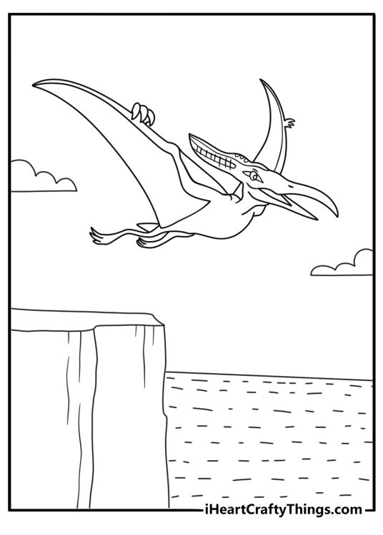 Dinosaur coloring pages scene with a pteranodon flying over sea cliffs
