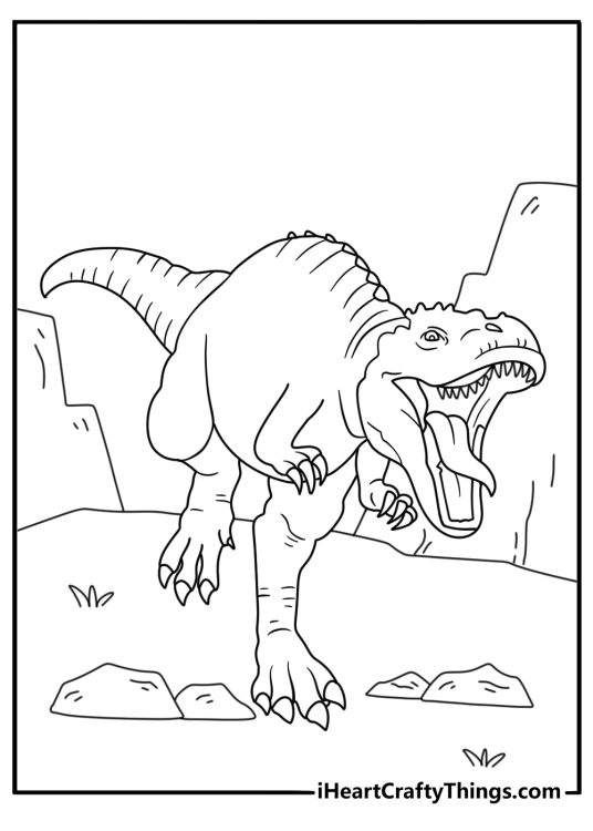 Dinosaur coloring pages scene with dinosaurs crossing a rocky canyon