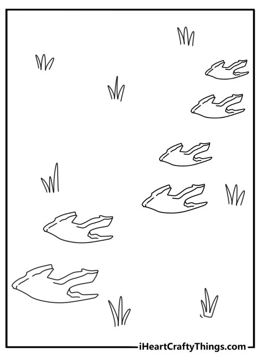 Dinosaur coloring printable with a raptor track trail in mud