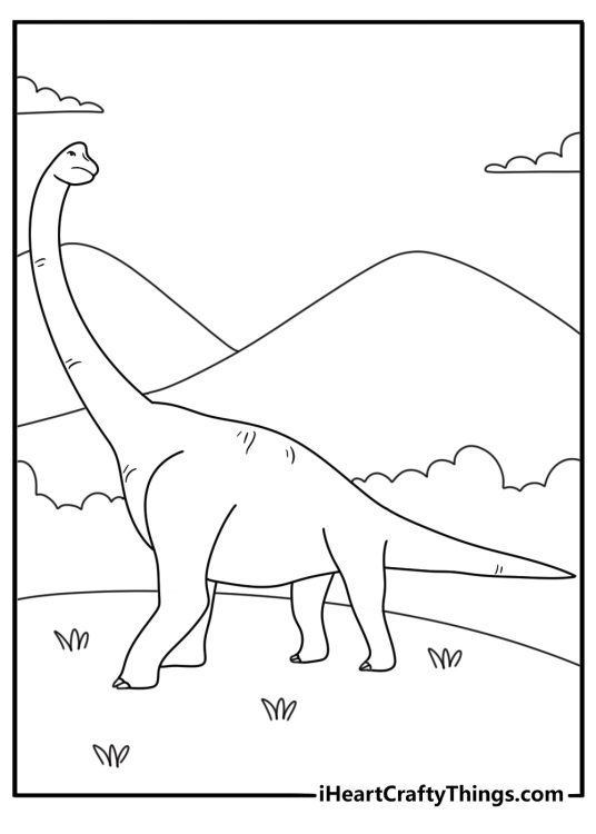 Dinosaur coloring printable with a sauropod family moving through a valley