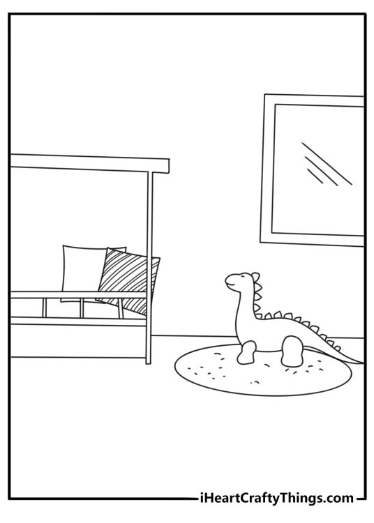 Dinosaur coloring sheet for kids with a toy dinosaur on a bedroom rug
