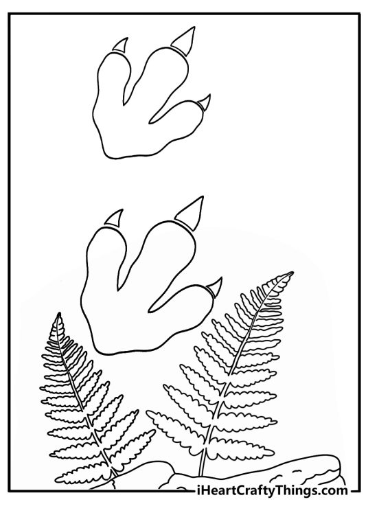 Dinosaur coloring sheet with a T Rex footprint beside ferns