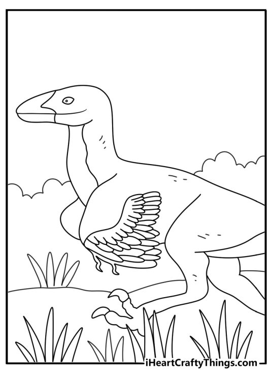 Dinosaur coloring sheet with a deinonychus hiding behind tall grass