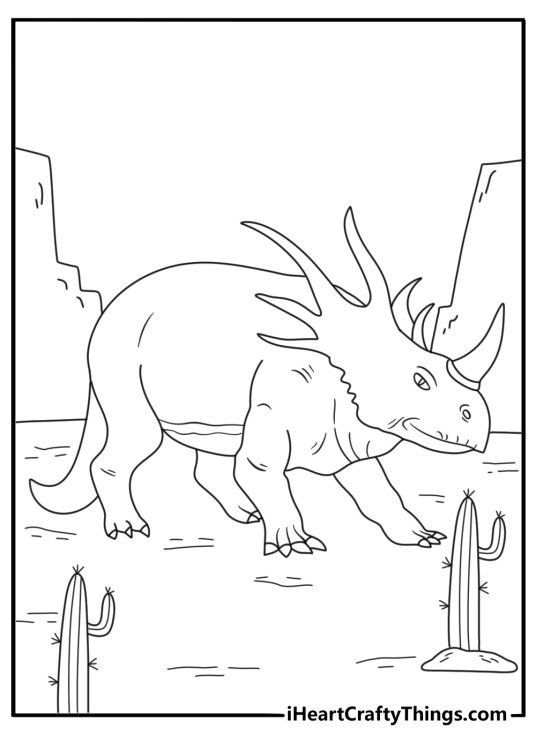 Dinosaur coloring sheet with a styracosaurus standing near desert plants