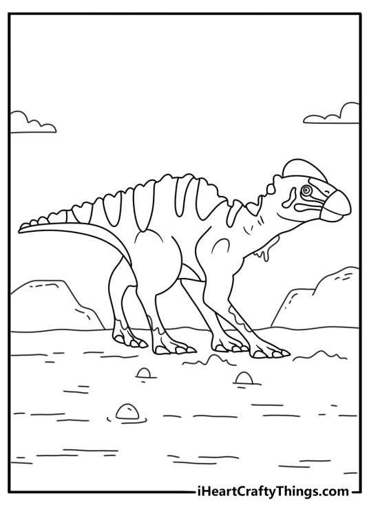 Dinosaur coloring sheet with an edmontosaurus walking near a swamp