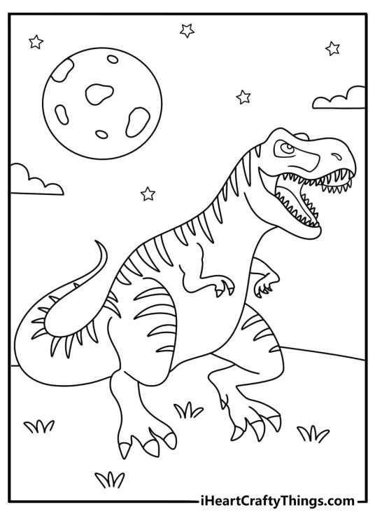 Dinosaur in a nighttime scene printable coloring page for kids