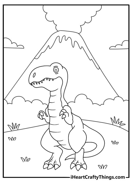 Dinosaur near a volcano coloring page free to print and download