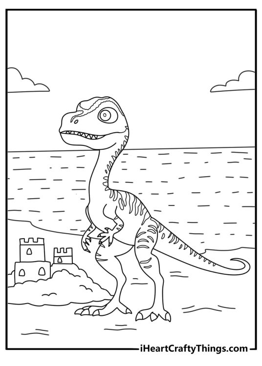 Dinosaur on the beach coloring page for preschoolers