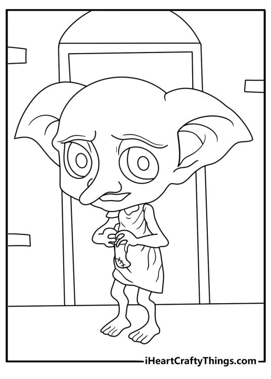 Dobby holding a sock near doorway kawaii cute coloring page for kids