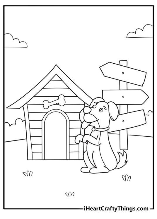 Dog in a little house coloring page