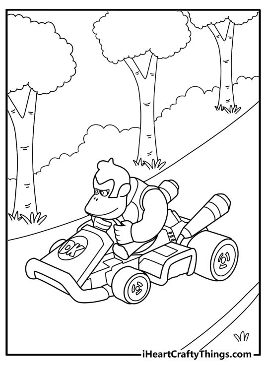 Donkey Kong taking a sharp turn on jungle track coloring page to print