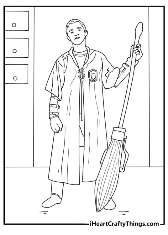 Draco Malfoy with broom near Quidditch lockers printable coloring sheet