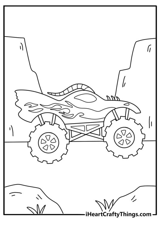 Dragon monster truck coloring page with scaled body and flame decals