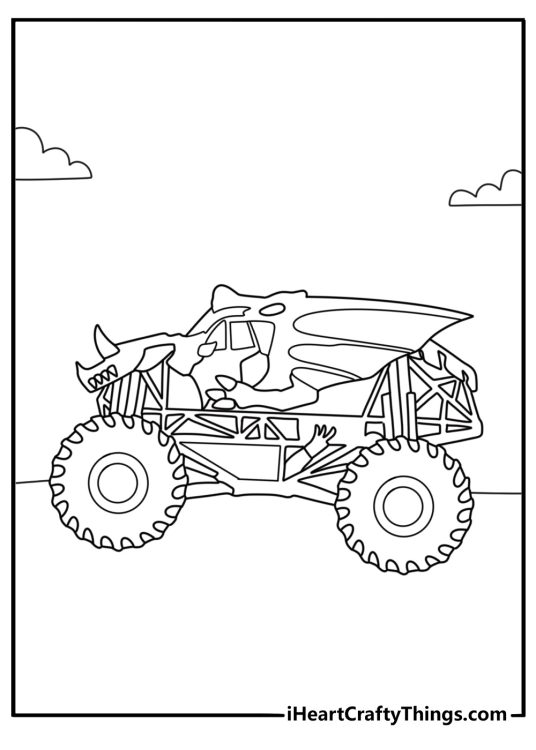 Dragonoid monster truck coloring page with armored plates and tail spoiler