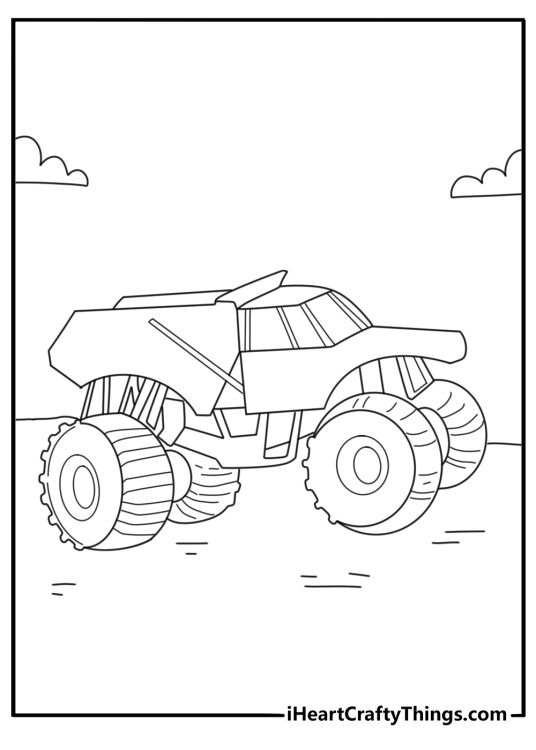 Earth shaker monster truck coloring page with construction theme and giant scoop