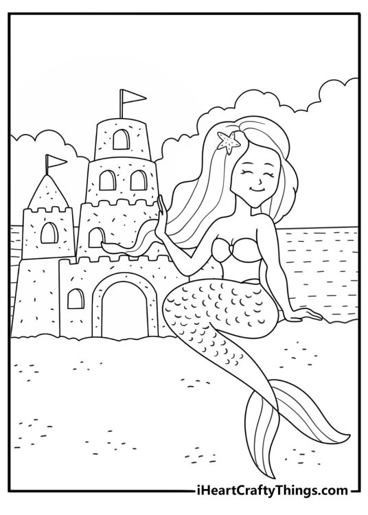 Easy mermaid coloring page with a mermaid beside a sandcastle
