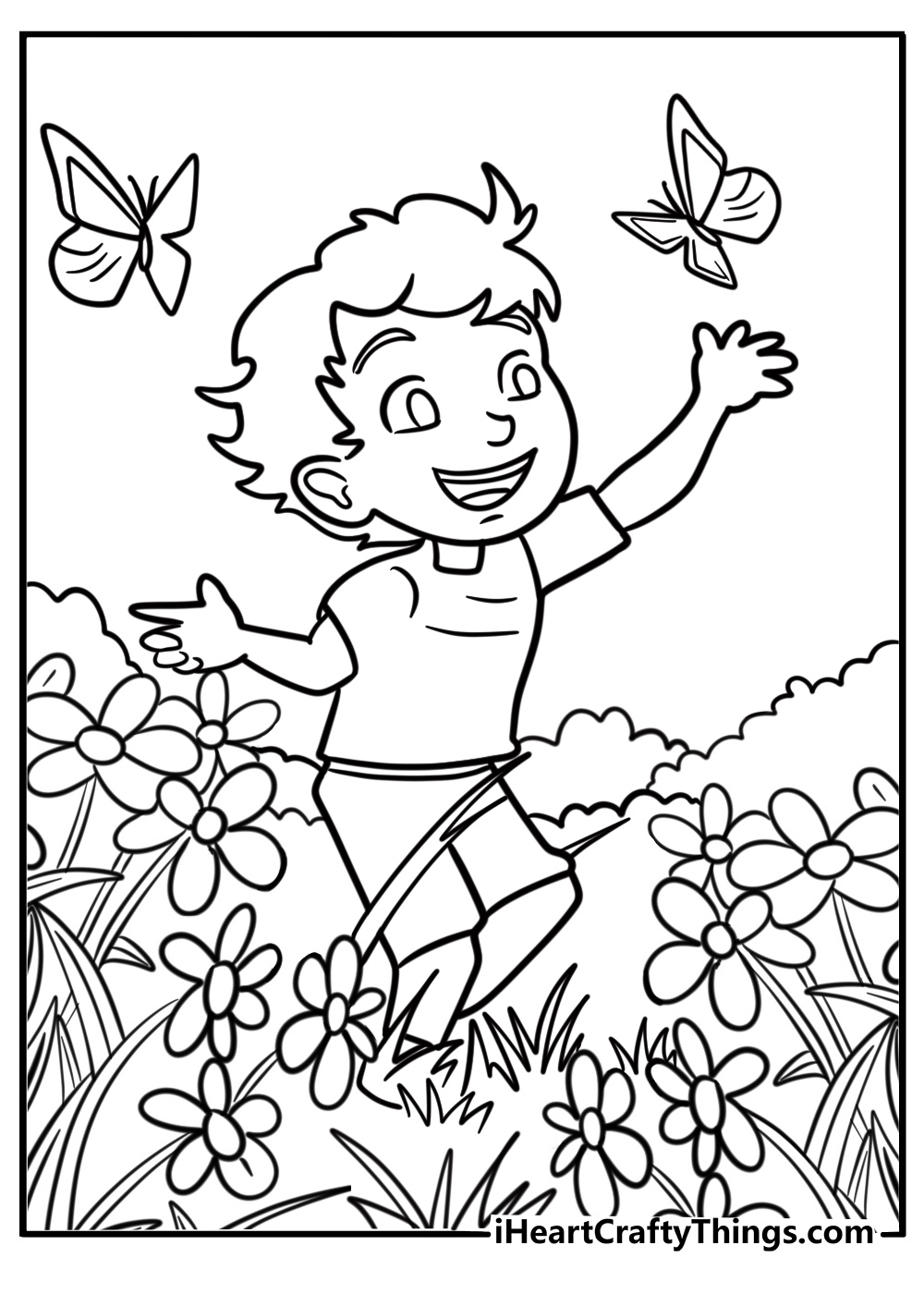 Easy summer coloring sheet with boy catching butterflies in a flower meadow