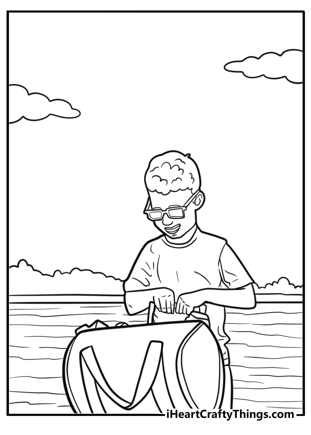 End of summer coloring page showing children packing school bags after a beach day