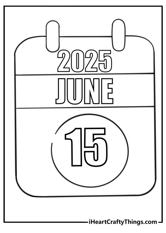 Fathers Day 2025 coloring page featuring a calendar with June 15 circled