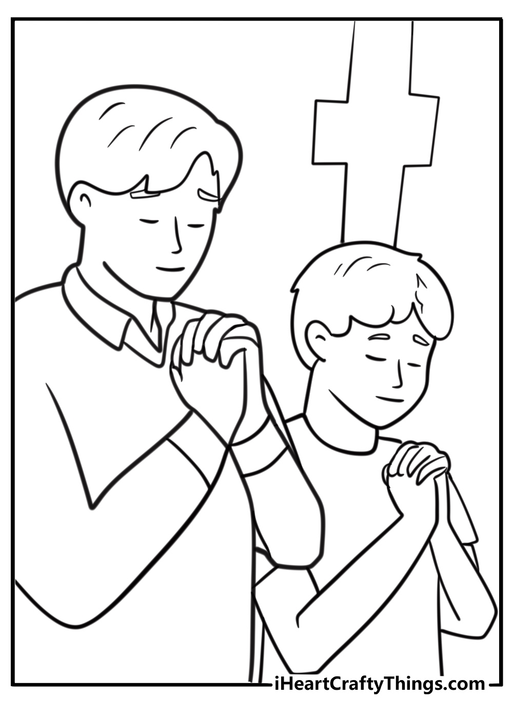 Fathers Day Sunday School coloring page with dad and child praying in church