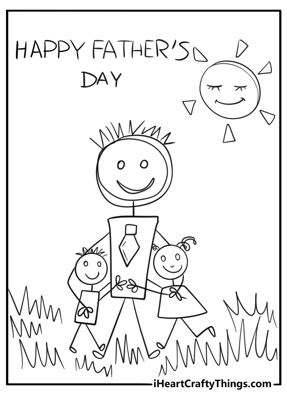 Fathers Day coloring page featuring crayon-drawn family portrait