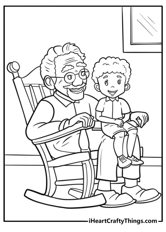 Fathers Day coloring page for grandpa relaxing in a rocking chair with grandkids