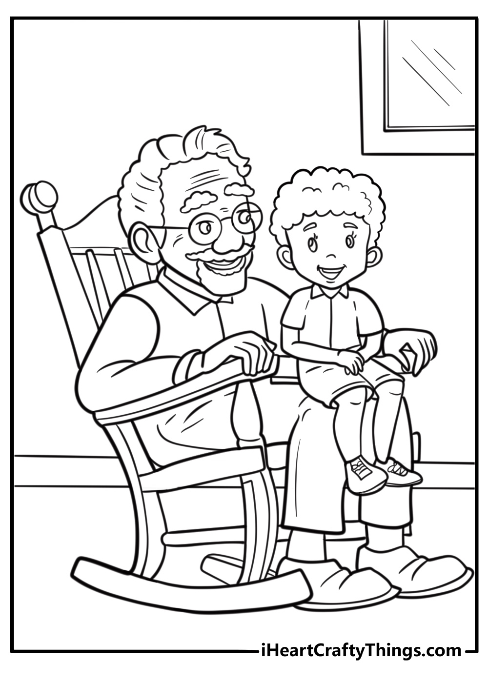 Fathers Day coloring page for grandpa relaxing in a rocking chair with grandkids
