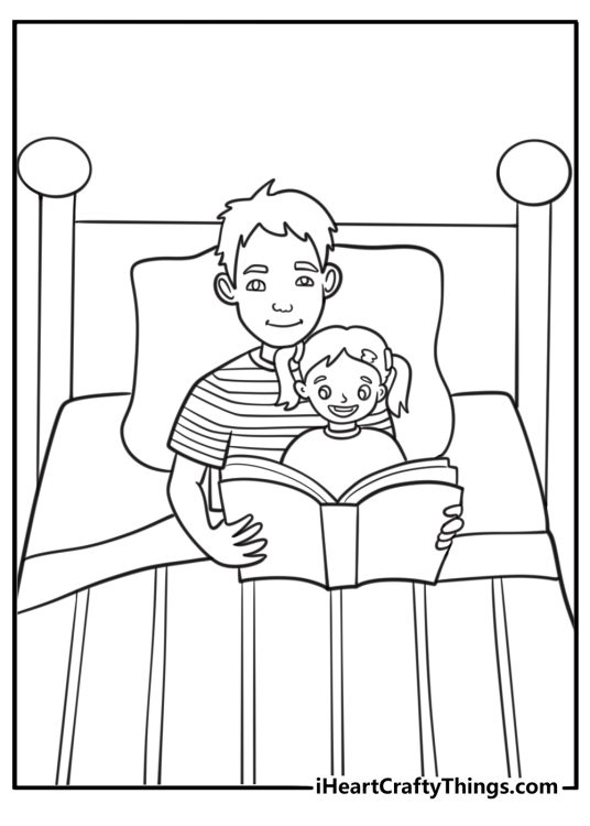 Fathers Day coloring page free printable with a dad reading bedtime stories