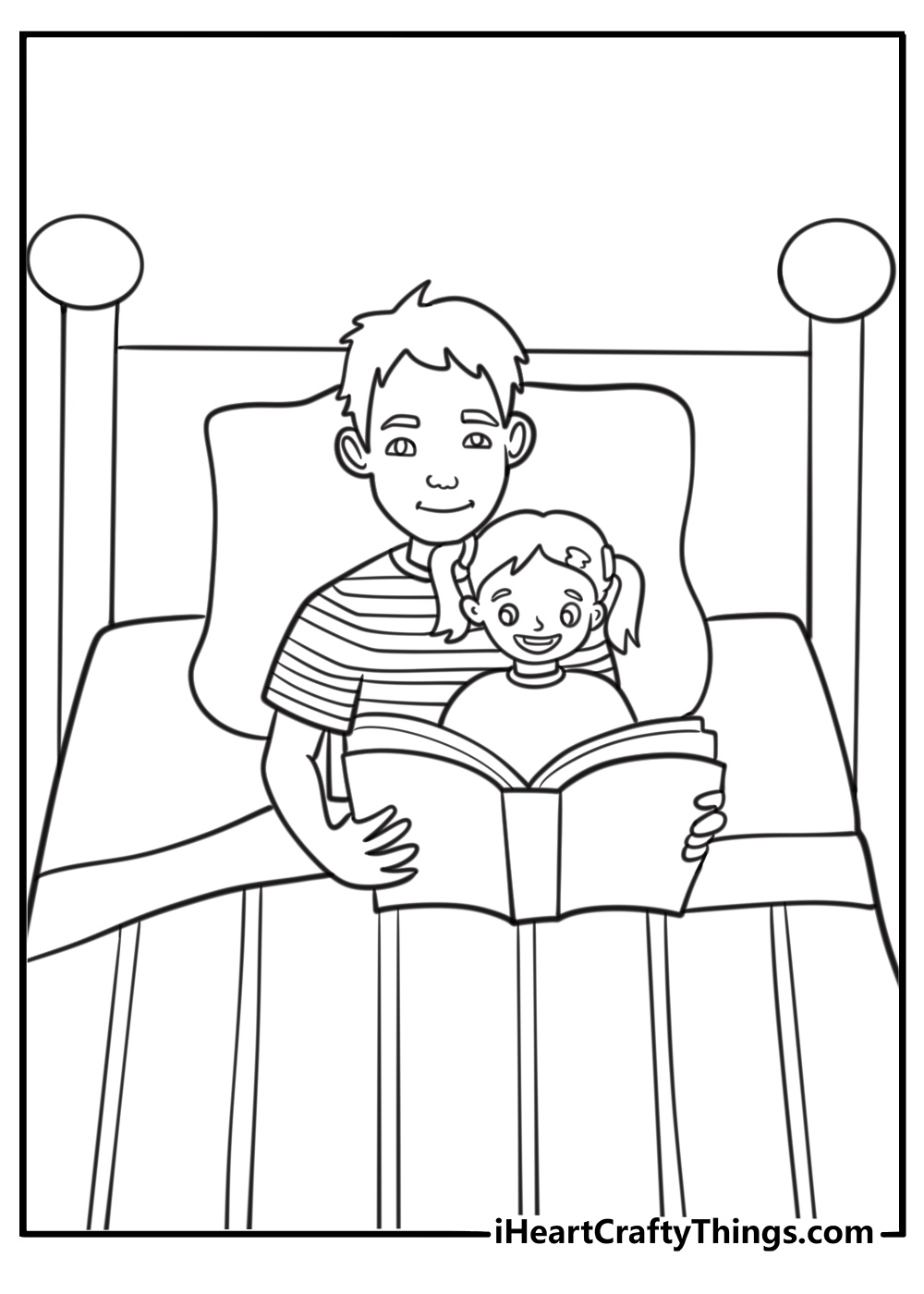 Fathers Day coloring page free printable with a dad reading bedtime stories