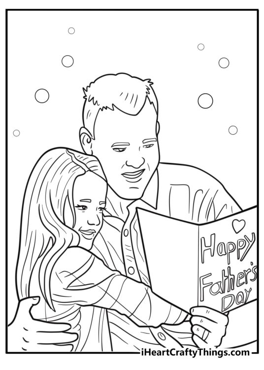 Fathers Day coloring page with a child handing a handmade card to their dad