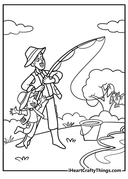 Fathers Day printable coloring page with dad and child fishing by a lake
