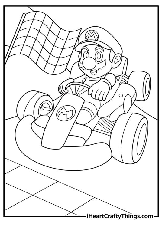 Finish line banner with checkered flags as karts approach detailed coloring page