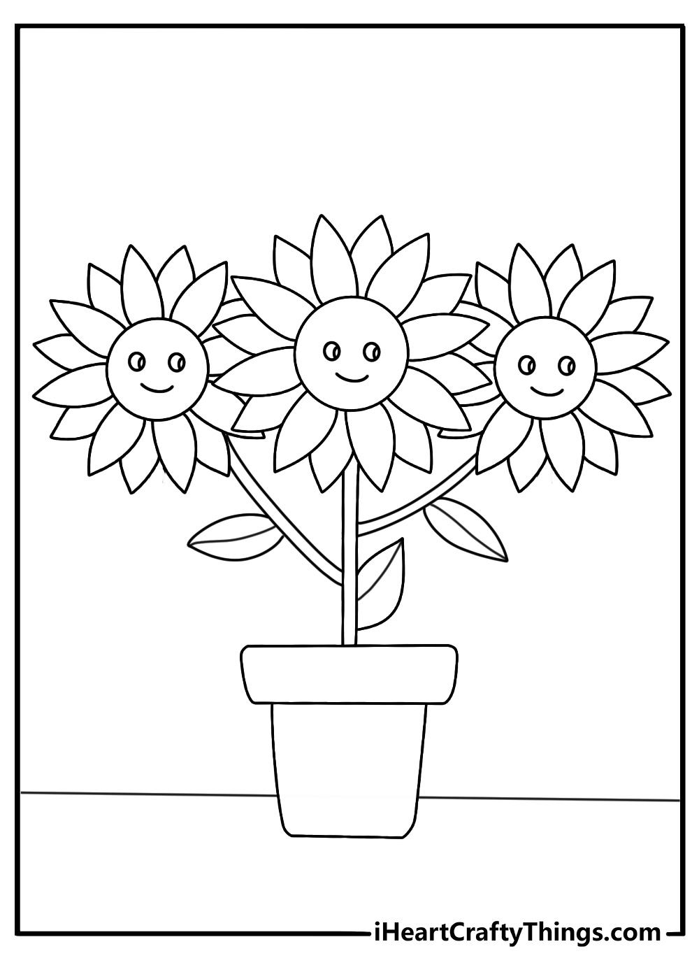 Flower Coloring Pages Of Three Happy Sunflowers In Garden Pot