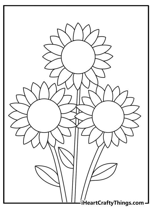 Flower Coloring Pages Of Three Small Sunflowers With Leaves