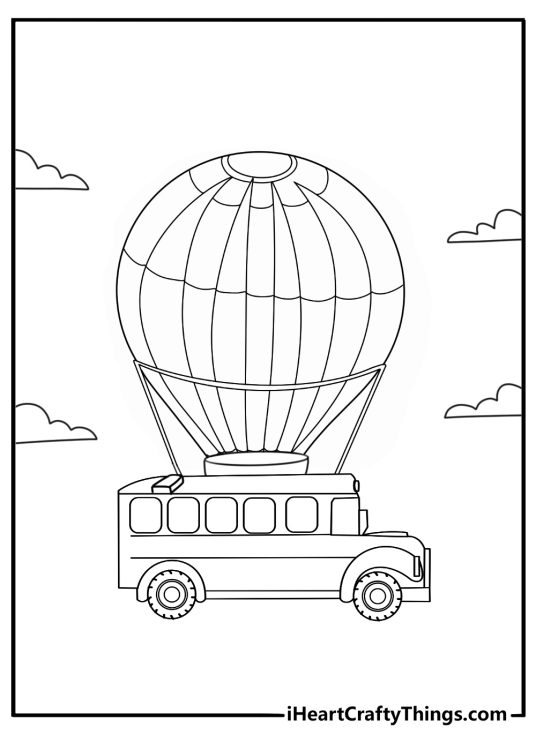 Fortnite coloring page Battle Bus flying with balloons and clouds easy