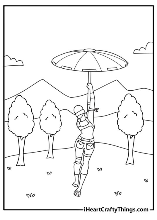 Fortnite coloring sheet glider umbrella landing near tree and hill easy