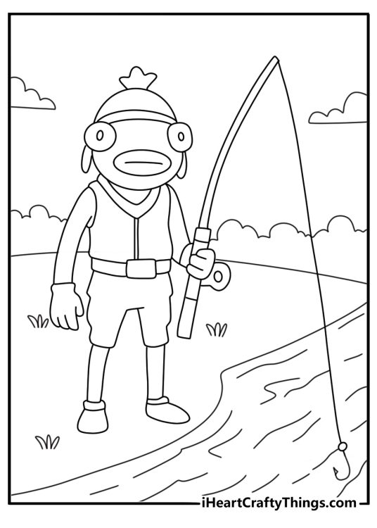 Fortnite printable Fishstick holding fishing rod by dock cute for kids