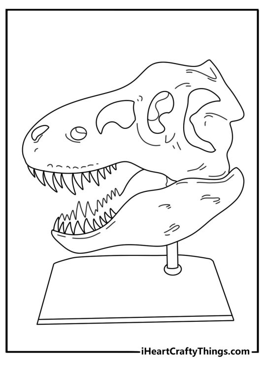 Free Dinosaur coloring pages coloring page with a T Rex skull on a display stand